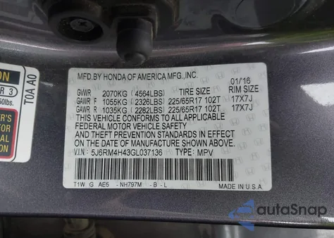 2016 Honda Cr-V Se из США, поврежденный, VIN 5J6RM4H43GL037136